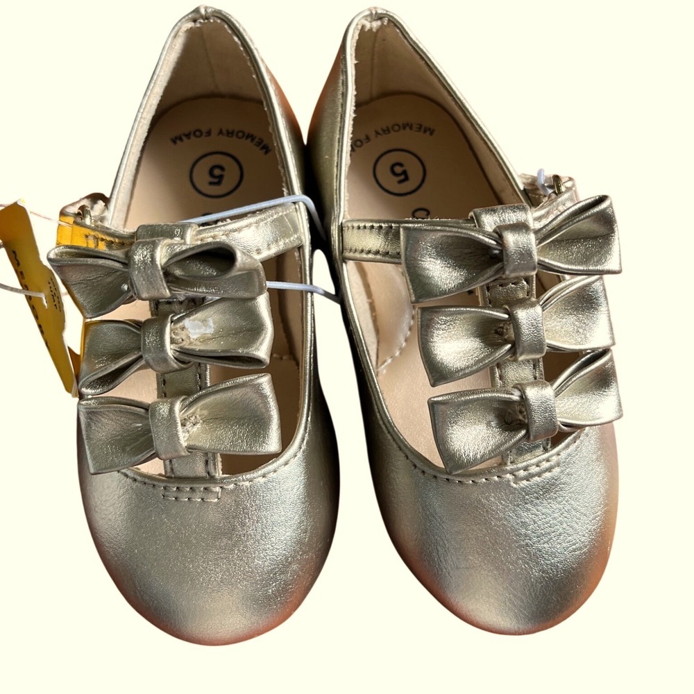 Cat & Jack Toddler Girls Gold‎ Metallic Triple Bow Mary Jane Shoes Size 6 NEW